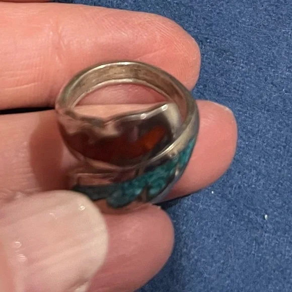 Silver Zuni Native artisan inlaid turquoise coral adjustable pinky ring Vintage